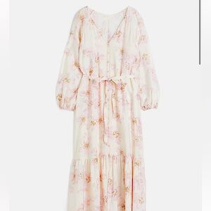 HM xxl TIE-BELT DRESS WITH BUTTONS, cream with pink flowers